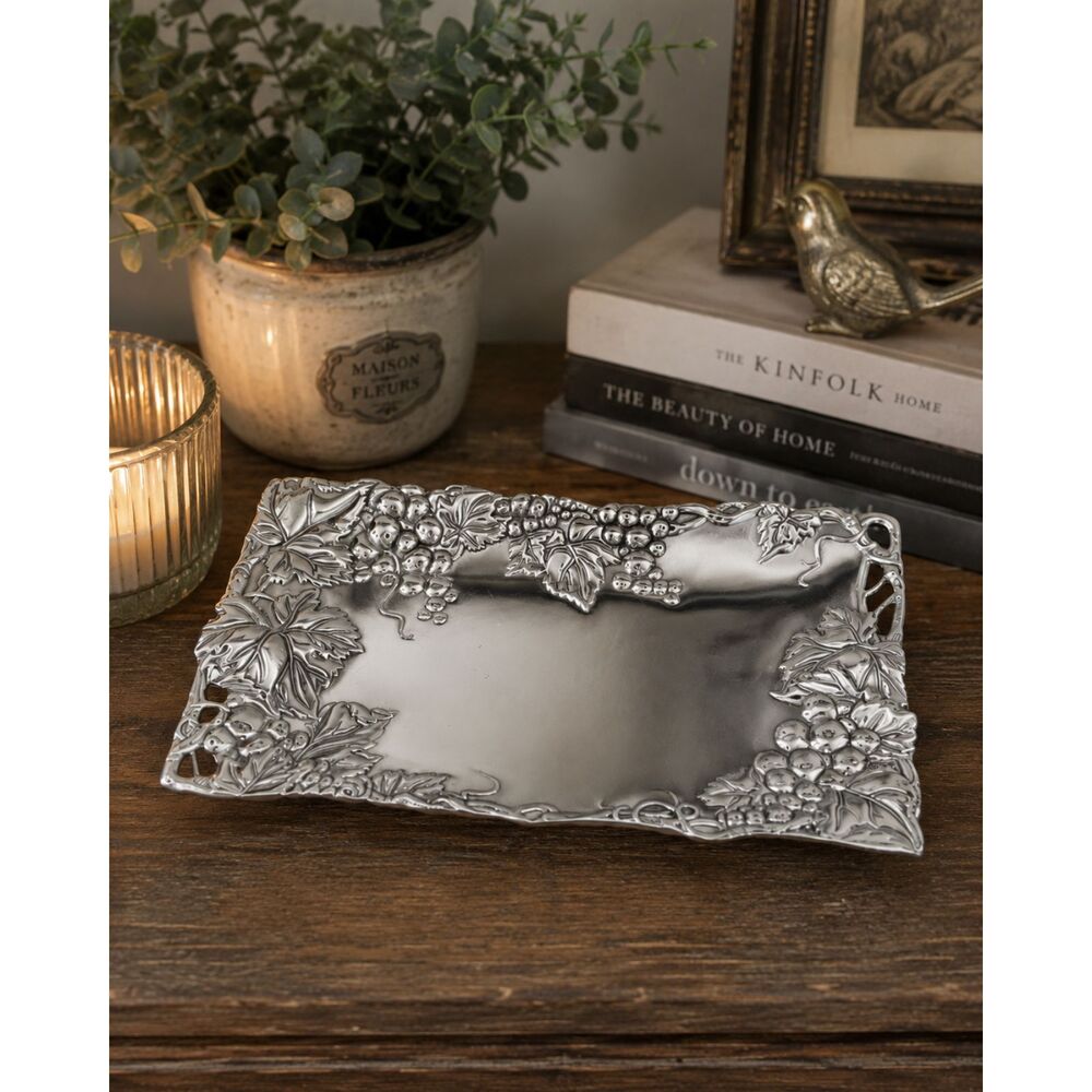 Vintage Silver Tray Aluminum Serving Platter Vineyard Wine Decor Fruit Motif